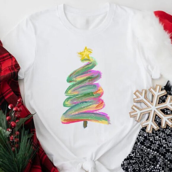 Tops - Graphic Christmas Watercolor Tree Shirt, Christmas Tree Shirt, Christmas Gift